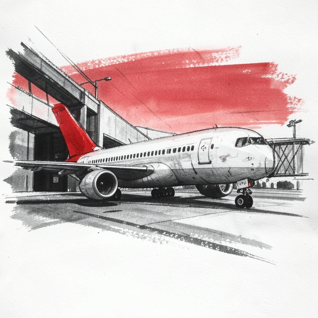 Bold charcoal drawing of a commercial airplane at a runway gate, with sweeping grey strokes suggesting terminal architecture, set against a soft red horizon