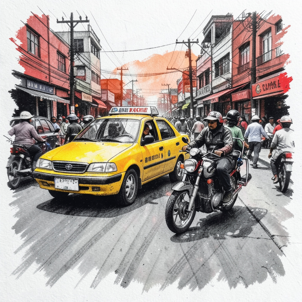 A bold charcoal sketch of a yellow commuter taxi and motorbike taxi on a busy Kigali street, with soft grey road lines and warm red accents in the background
