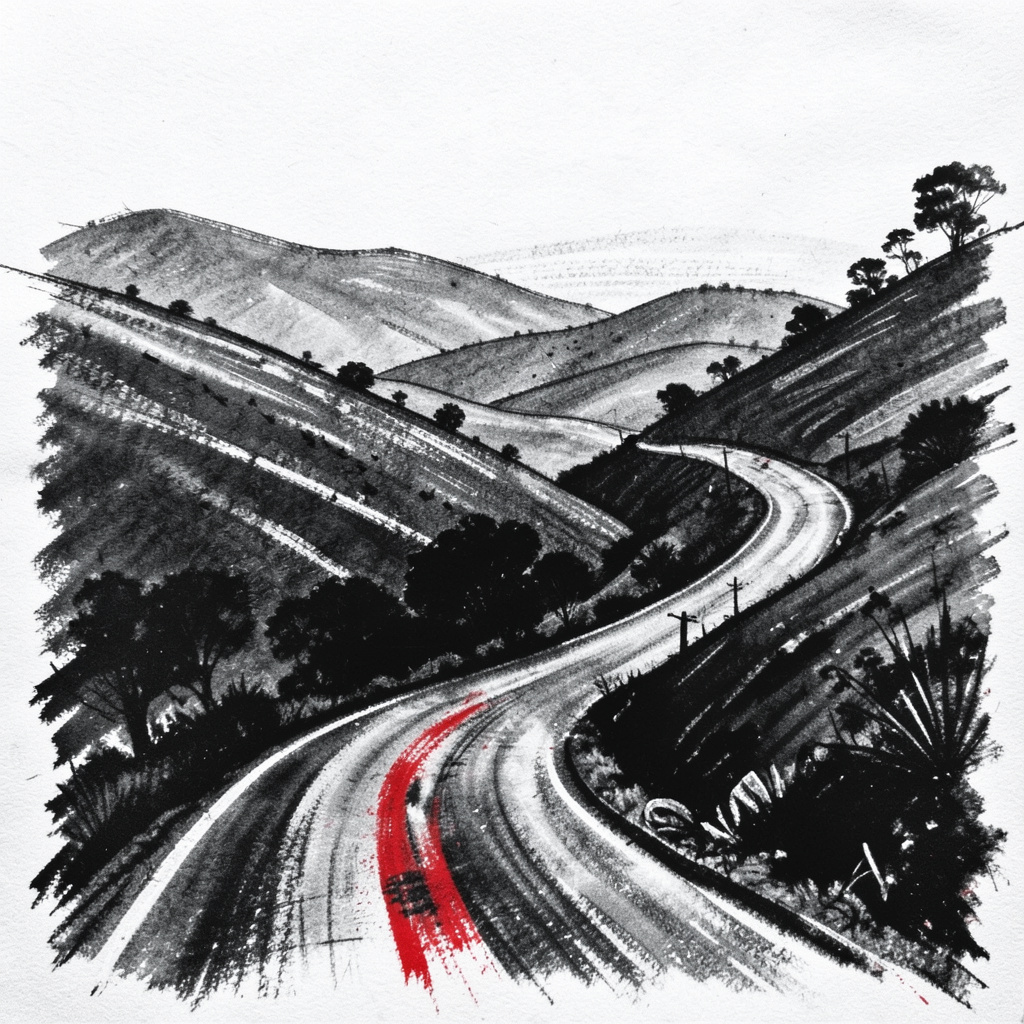 Bold charcoal sketch of a winding mountain road cutting through rolling Rwandan hills, rendered in deep greys and soft white highlights